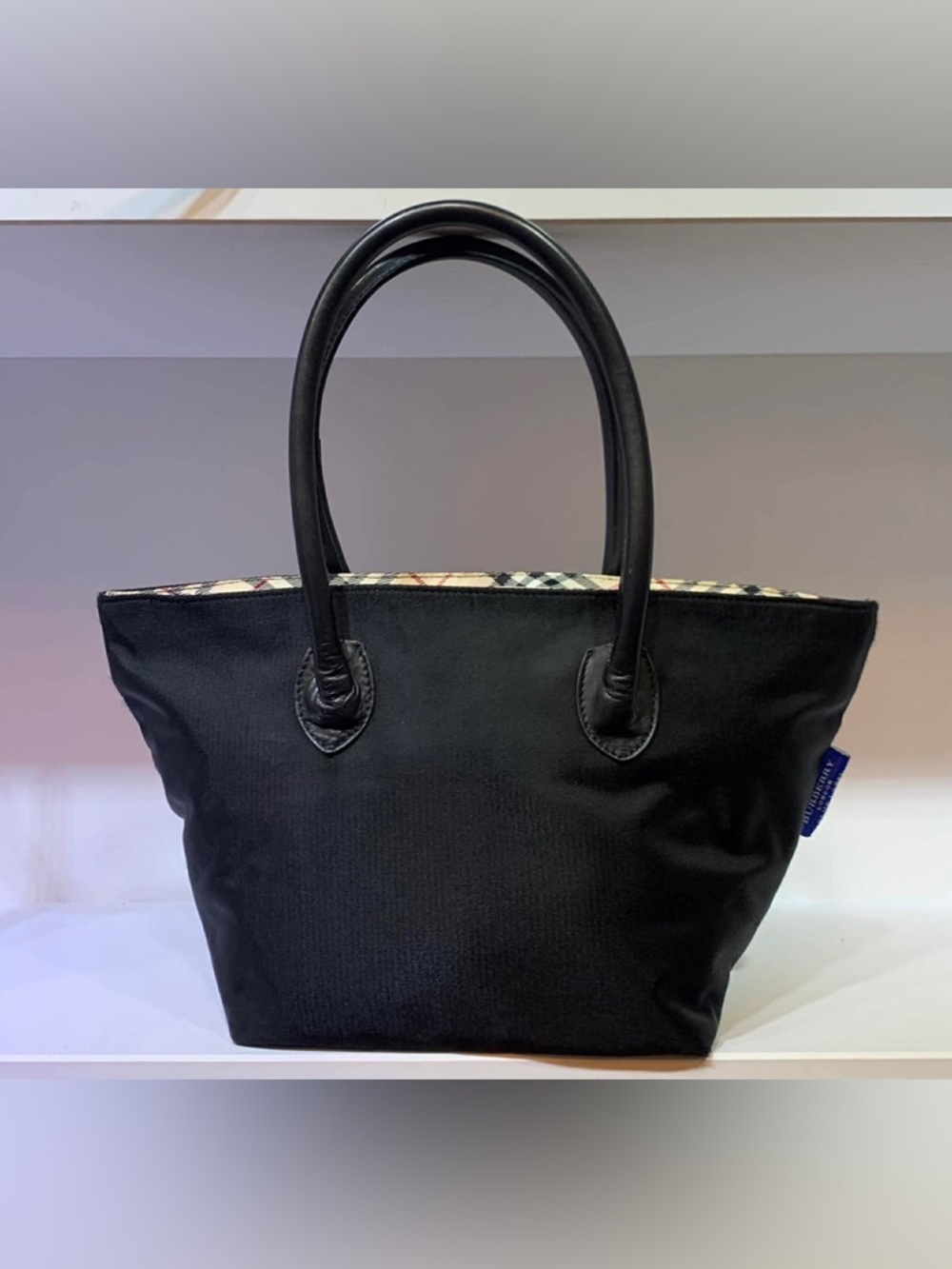 BURBERRY BLUE LABEL Classic Black Tote Bag with Plaid Trim - Women